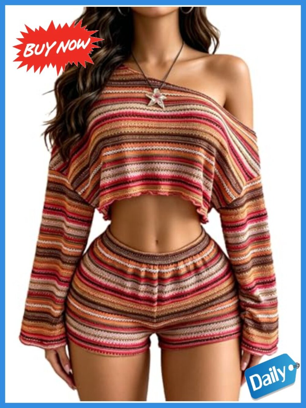 Women's Striped 2 Piece Crochet Beach Cover Up Top Shorts Set